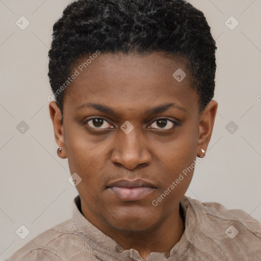 Neutral black young-adult female with short  black hair and brown eyes