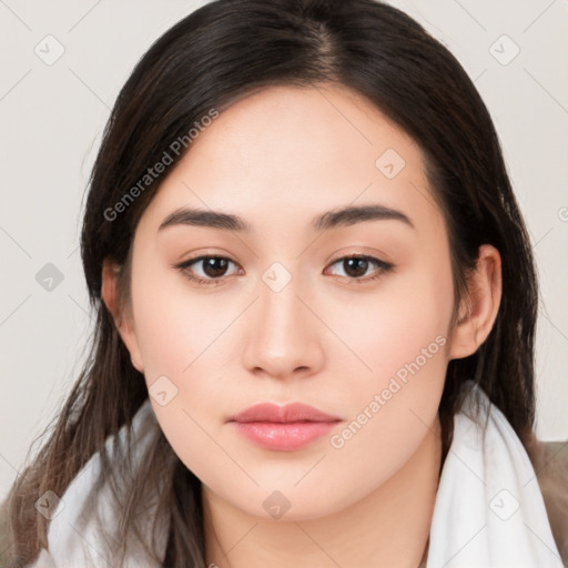 Neutral white young-adult female with long  brown hair and brown eyes