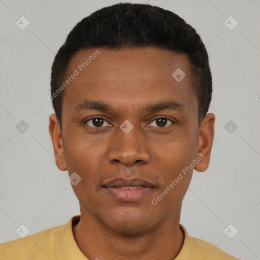 Neutral black young-adult male with short  black hair and brown eyes