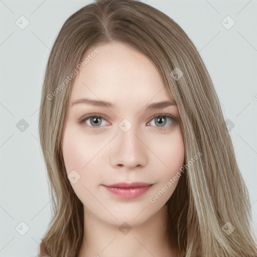 Neutral white young-adult female with long  brown hair and grey eyes