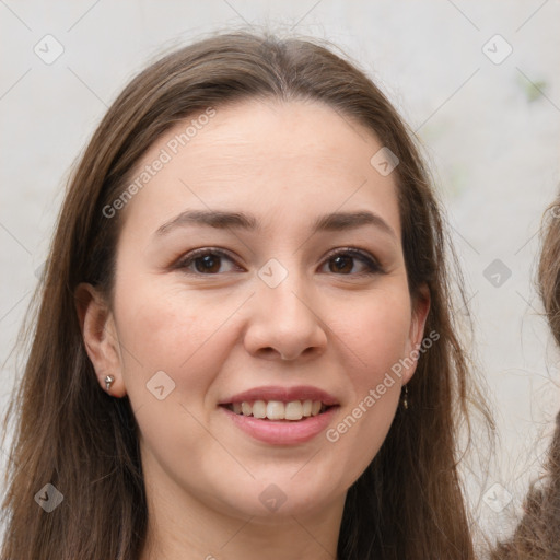 Joyful white young-adult female with long  brown hair and grey eyes