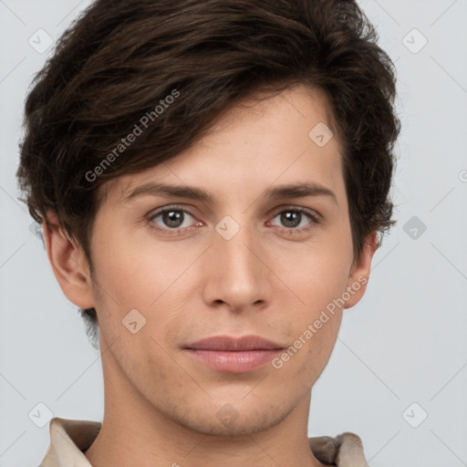 Neutral white young-adult male with short  brown hair and brown eyes