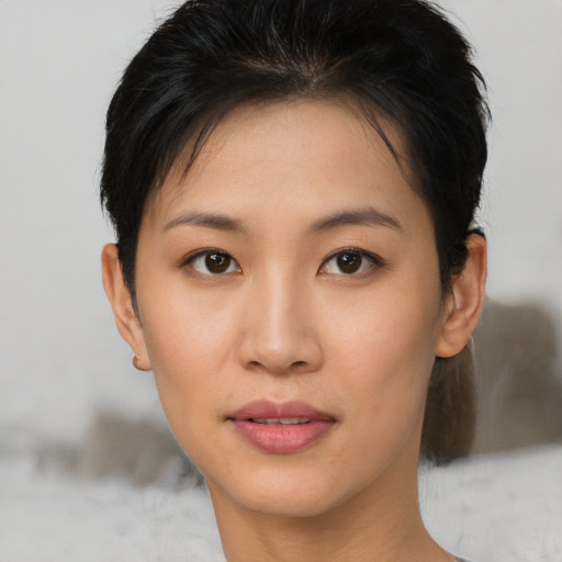 Neutral asian young-adult female with short  brown hair and brown eyes