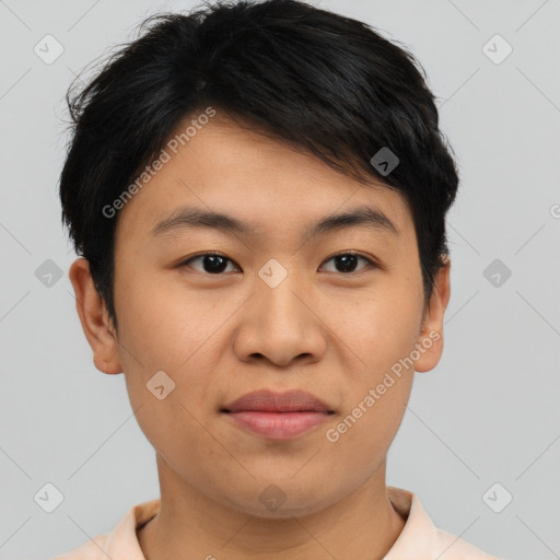 Joyful asian young-adult male with short  brown hair and brown eyes