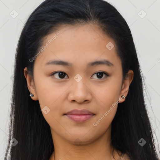 Joyful asian young-adult female with long  brown hair and brown eyes