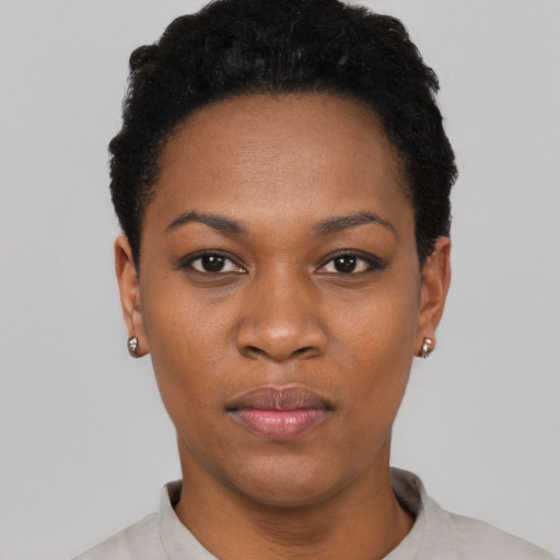 Neutral black young-adult female with short  black hair and brown eyes