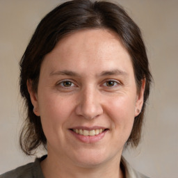 Joyful white adult female with medium  brown hair and grey eyes