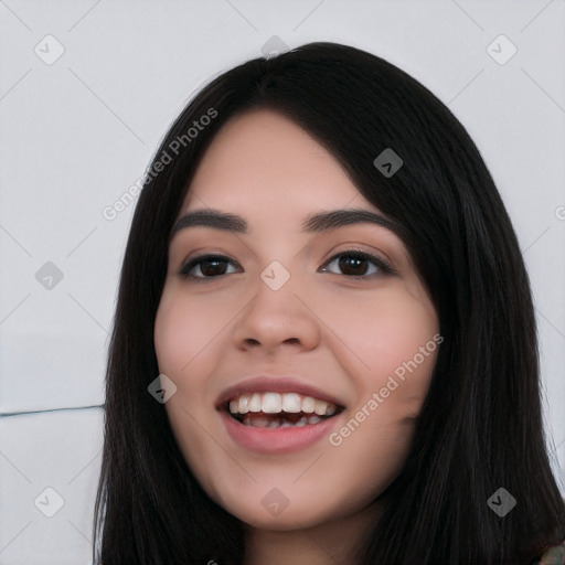 Joyful white young-adult female with long  black hair and brown eyes