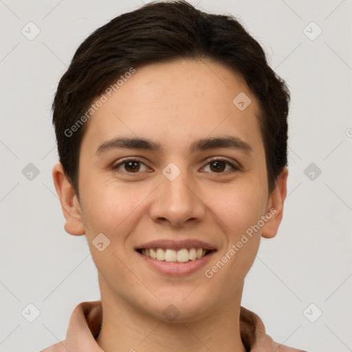 Joyful white young-adult female with short  brown hair and brown eyes