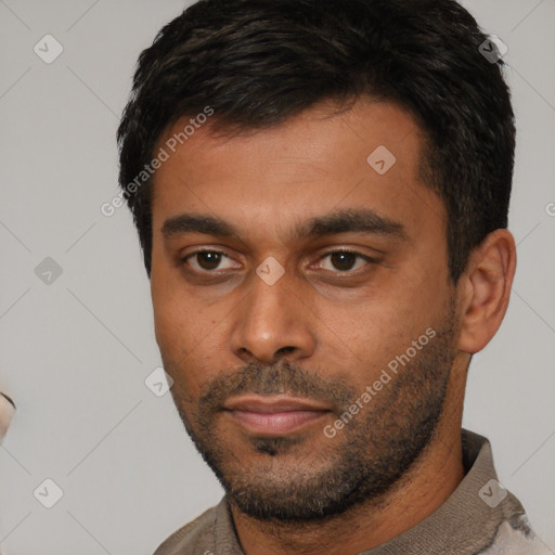 Neutral white young-adult male with short  black hair and brown eyes