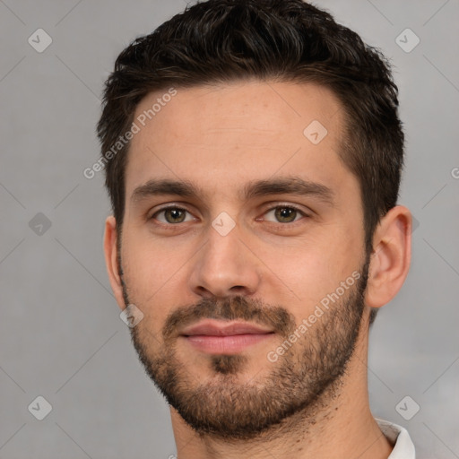 Neutral white young-adult male with short  brown hair and brown eyes