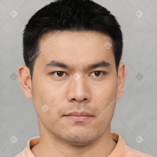 Neutral asian young-adult male with short  black hair and brown eyes