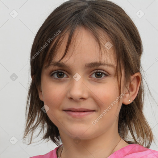 Joyful white child female with medium  brown hair and brown eyes