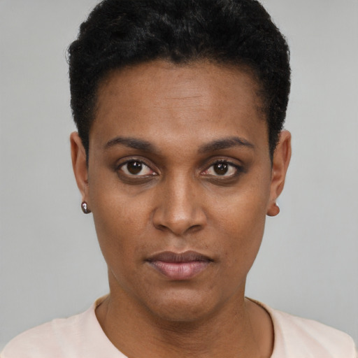 Neutral black young-adult female with short  black hair and brown eyes