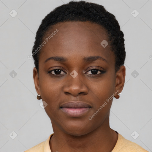 Neutral black young-adult female with short  black hair and brown eyes