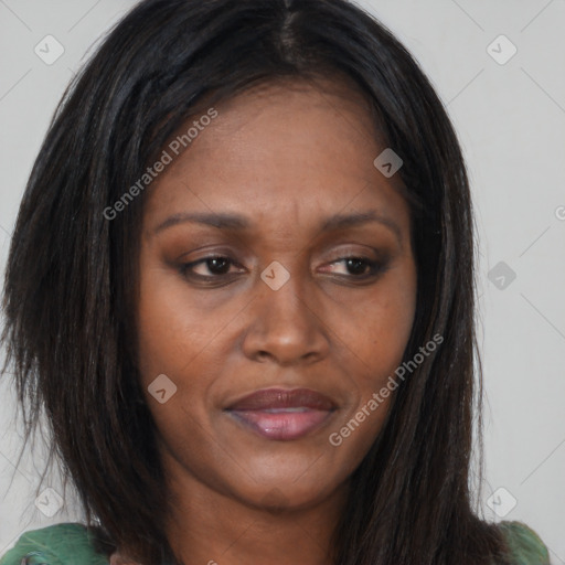 Joyful asian young-adult female with long  brown hair and brown eyes