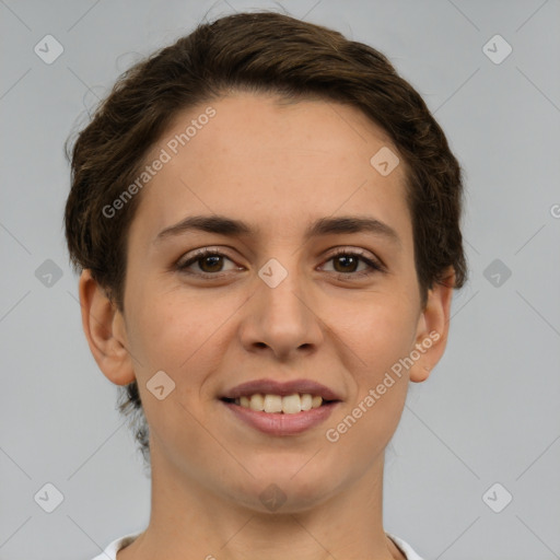 Joyful white young-adult female with short  brown hair and brown eyes