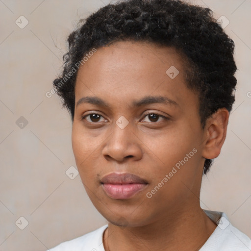 Neutral black young-adult female with short  black hair and brown eyes