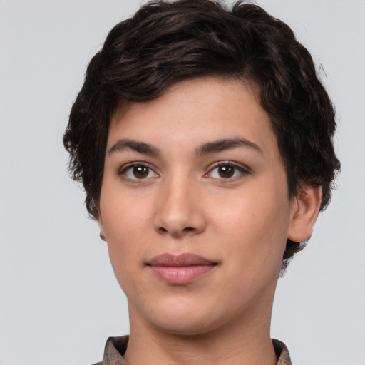 Neutral white young-adult female with short  brown hair and brown eyes