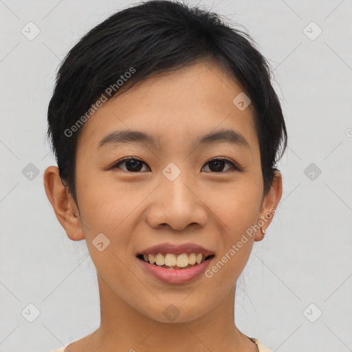 Joyful asian young-adult female with short  brown hair and brown eyes