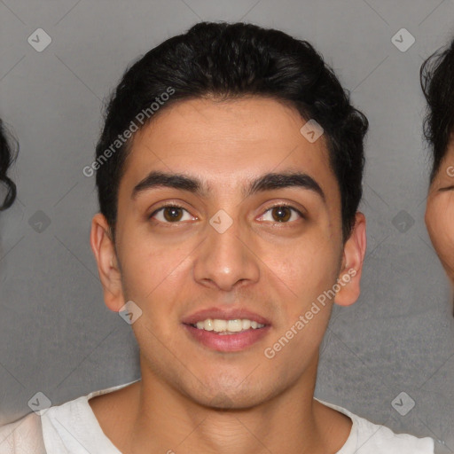 Joyful white young-adult male with short  black hair and brown eyes