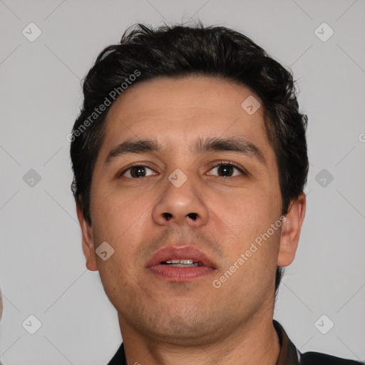 Neutral asian adult male with short  brown hair and brown eyes