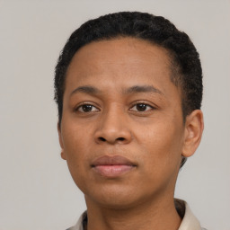 Neutral black young-adult female with short  black hair and brown eyes
