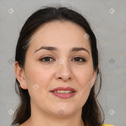 Joyful white young-adult female with medium  brown hair and brown eyes