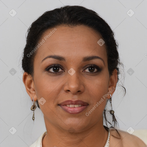 Joyful latino young-adult female with short  brown hair and brown eyes