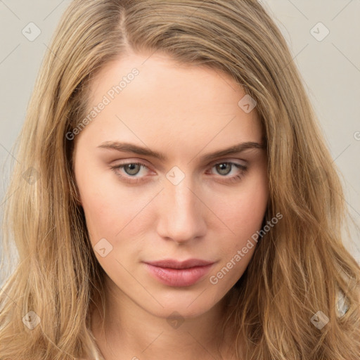 Neutral white young-adult female with long  brown hair and brown eyes