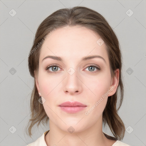 Neutral white young-adult female with medium  brown hair and grey eyes