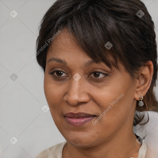 Joyful white adult female with short  brown hair and brown eyes