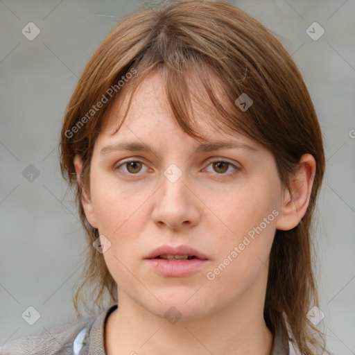 Neutral white young-adult female with medium  brown hair and grey eyes