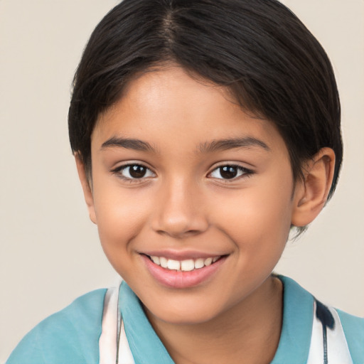 Joyful white child female with short  brown hair and brown eyes