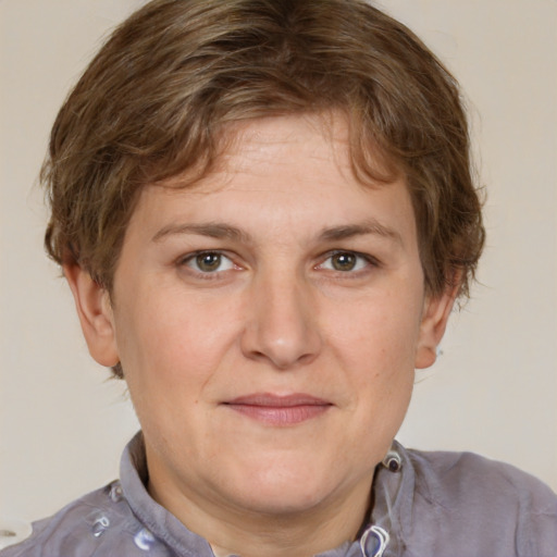 Joyful white adult male with short  brown hair and grey eyes