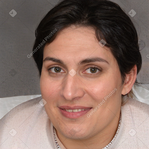 Joyful white adult female with medium  brown hair and brown eyes