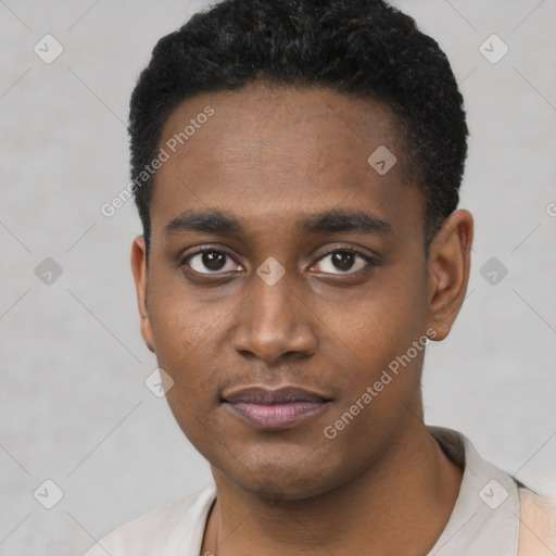 Neutral black young-adult male with short  black hair and brown eyes