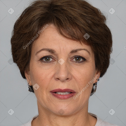 Joyful white adult female with short  brown hair and brown eyes