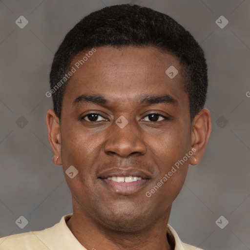 Joyful latino young-adult male with short  brown hair and brown eyes