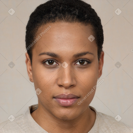 Neutral black young-adult female with short  black hair and brown eyes