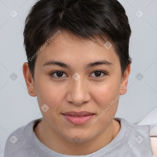 Joyful asian young-adult female with short  brown hair and brown eyes