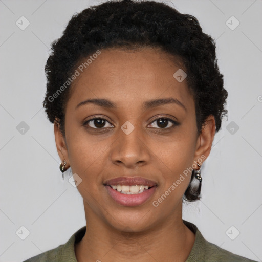 Joyful black young-adult female with short  black hair and brown eyes