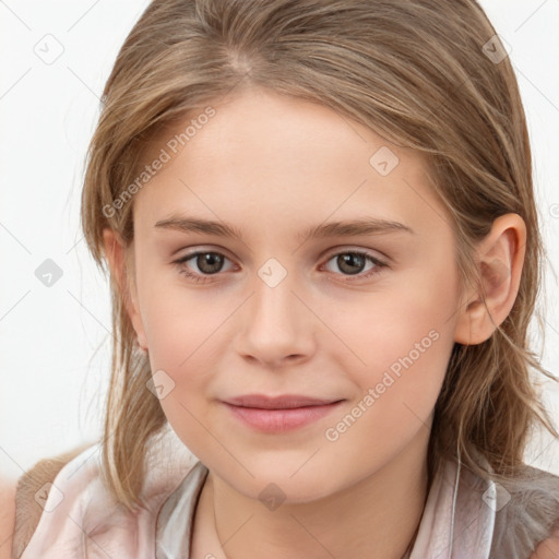 Joyful white child female with medium  brown hair and brown eyes