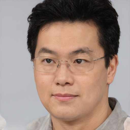 Neutral asian adult male with short  brown hair and brown eyes