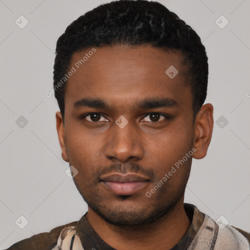 Neutral black young-adult male with short  black hair and brown eyes