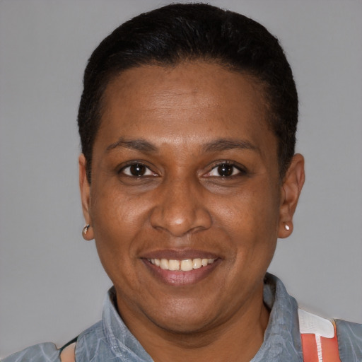 Joyful black adult female with short  black hair and brown eyes