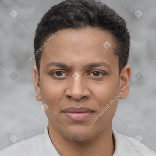 Joyful latino young-adult male with short  brown hair and brown eyes