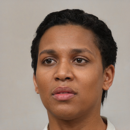 Neutral black young-adult female with short  black hair and brown eyes