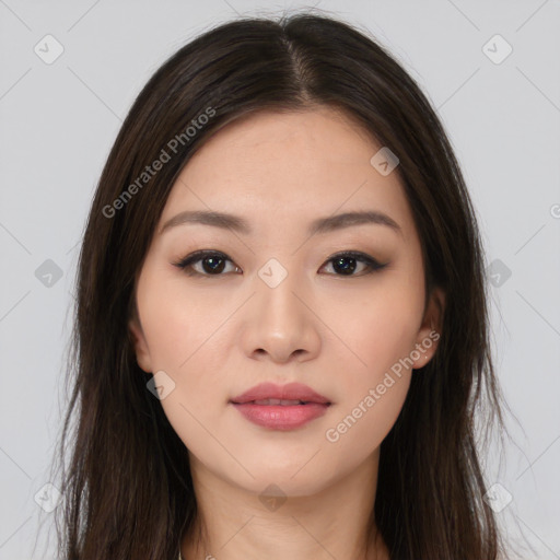 Neutral asian young-adult female with long  brown hair and brown eyes