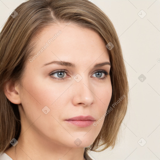 Neutral white young-adult female with medium  brown hair and grey eyes